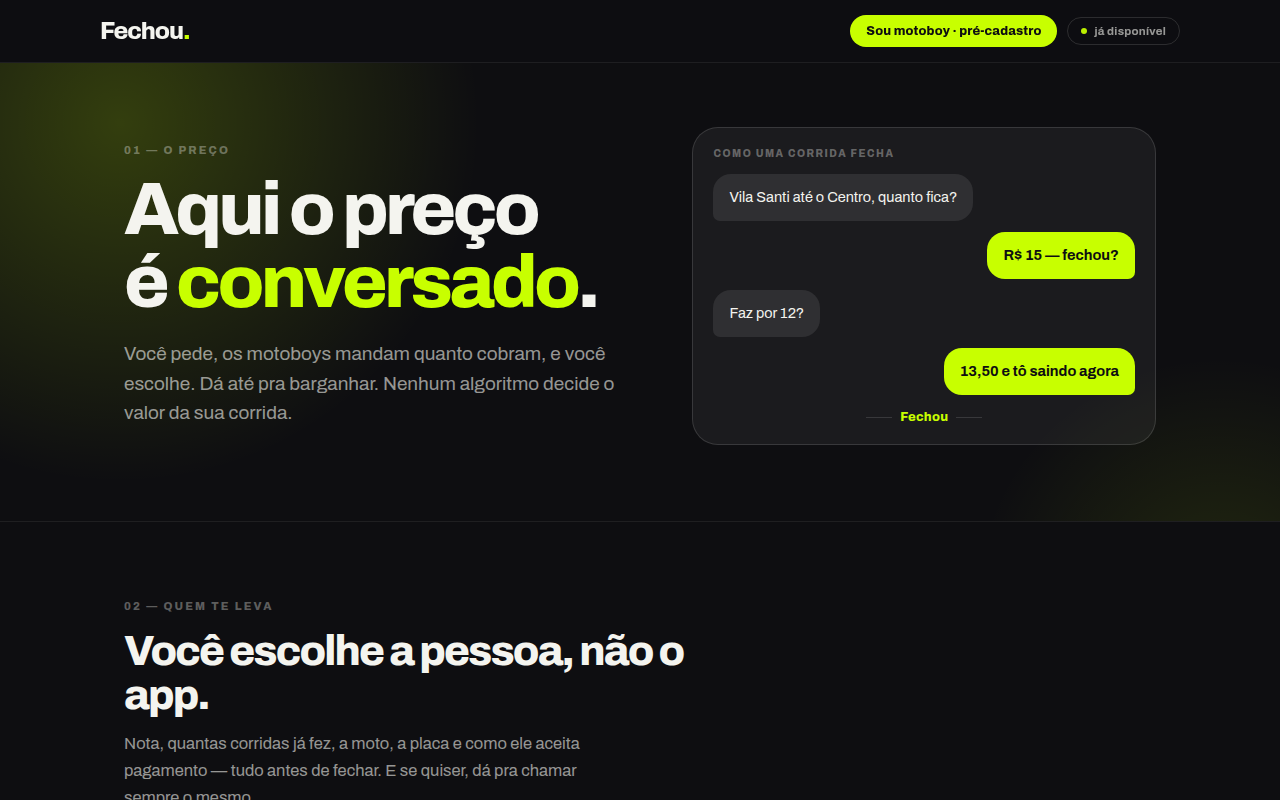 Fechou — mototáxi e entrega, produto próprio da Izeffler
